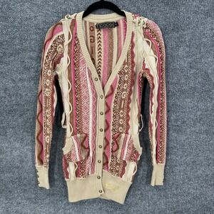 Vintage Coogie 3D Cardigan Womens Small Knit Sweater Pink‎ Tan White Brown Y2K